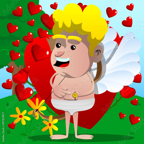 Cupid checking his watch. Vector cartoon character illustration. photo