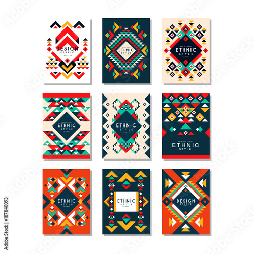 Collection of card templates with ethnic patterns. Abstract design with geometric shapes. Colorful flat vector elements for brochure, cover, flyer or poster