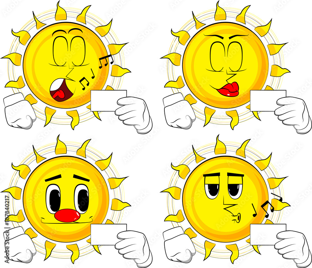 Cartoon sun holding blank white card mockup. Collection with various facial expressions. Vector set.