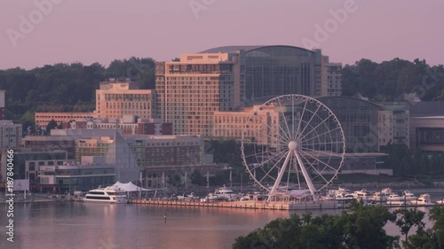 Washington, D.C. circa-2017, Aerial view of National Harbor and Capital Wheel.  Shot with Cineflex and RED Epic-W Helium. 