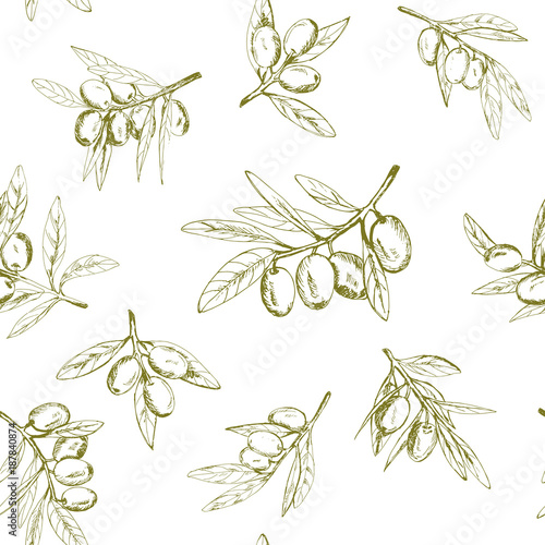 seamless pattern olives, hand-drawn olive fruits and branches