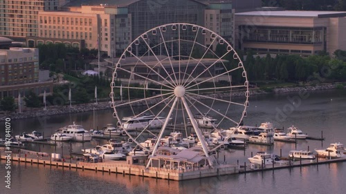 Washington, D.C. circa-2017, Aerial view of National Harbor and Capital Wheel.  Shot with Cineflex and RED Epic-W Helium. 