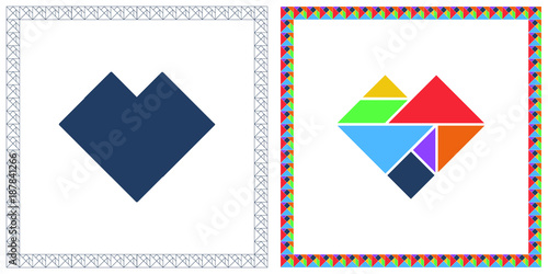 Tangram brain game HEART riddle and answer flat UI color Happy Valentine's Day vector illustration