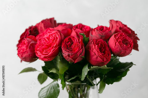 Red roses in vase on wooden table. garden peony Red Piano