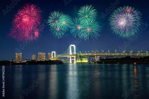 Tokyo bay city view and tokyo rainbow bridge with beautiful fireworks, Tokyo Japan