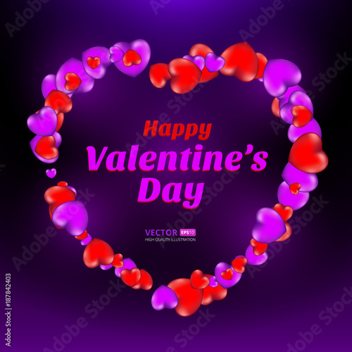 Happy Valentine's Day frame consisting of red and violet hearts on dark background. Vector illustration. Perfect to use for print layouts, web banners design and other creative projects