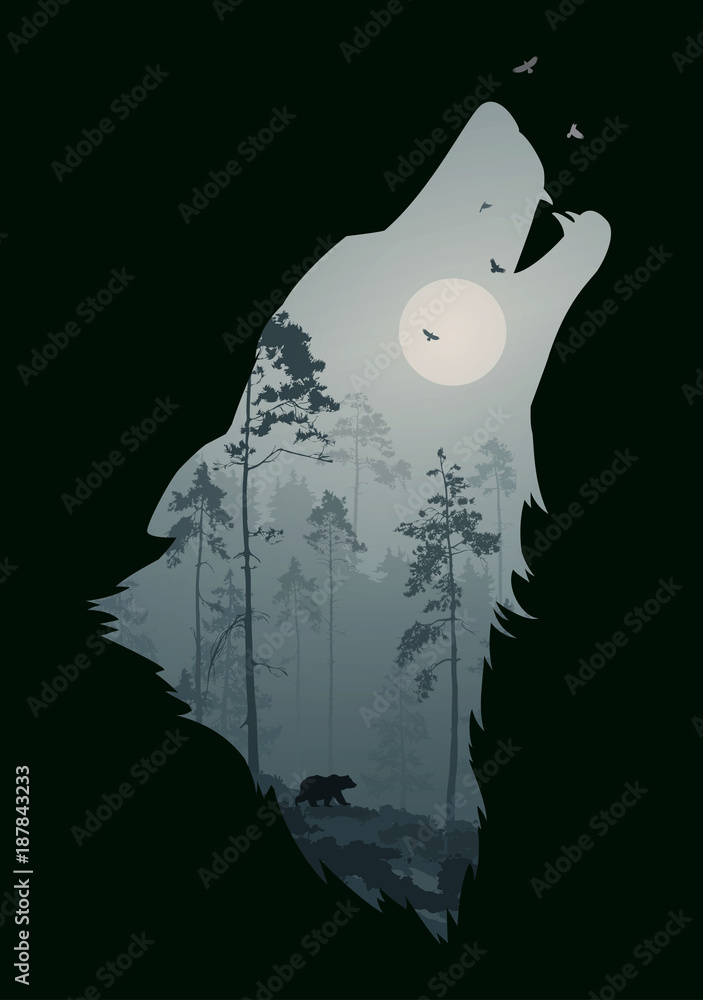 Naklejka premium silhouette of the head of the howling wolf. Inside it is a night forest with a bear and birds. Vector illustration, dark background, isolated object