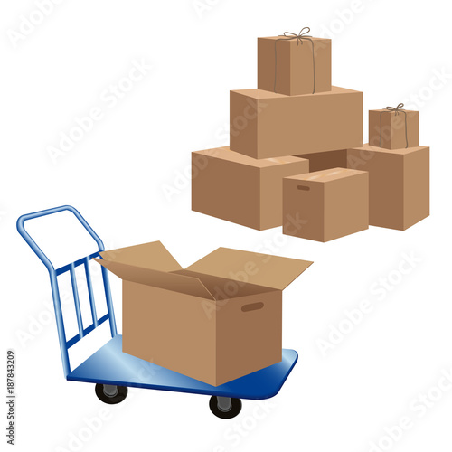 Cardboard boxes stack and blue baggage cart with opened box. Boxes for house move or shipment of cargo. Vector illustration isolated on white background