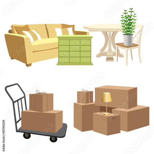 Home move illustration. Several cardboard boxes, home furniture and luggage cart, isolated on white background