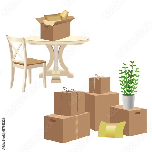 Home move illustration. Cardboard boxes stack, table, chair and other home goods, isolated on white background