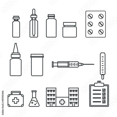  Medical  linear icons set. Medicines, pills, hospital, syringe, thermometer.  Vector illlustration.