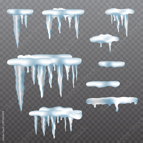  Realistic icicles with snow set on transparent background. Vector illustration.