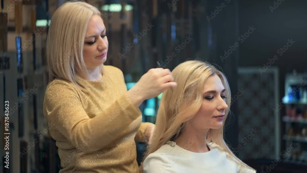 Beautiful woman with long hair doing professional evening hairdress in a beauty salon Beautiful woman with long hair doing professional evening hairdress in a beauty salon