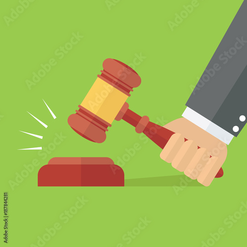 Vector illustration of the judge knocked the hammer in green background