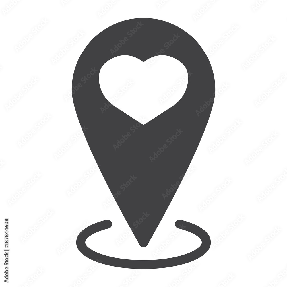 Map pointer with heart glyph icon, valentines day and romantic, love pin sign vector graphics, a solid pattern on a white background, eps 10. Map pointer with heart glyph icon, valentines day and romantic, love pin sign vector graphics, a solid pattern on a white background, eps 10.