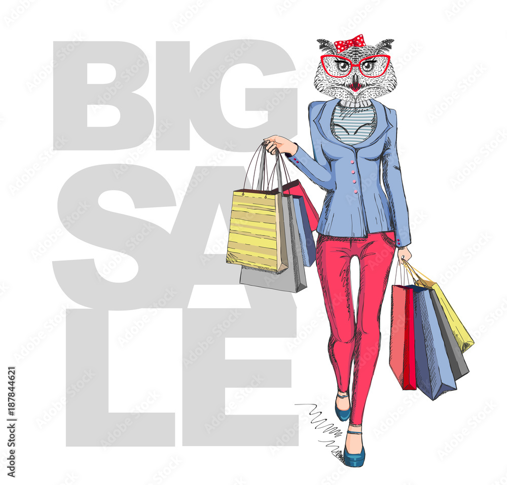 Retro Hipster animal girl owl. Big sale hipster poster with woman model