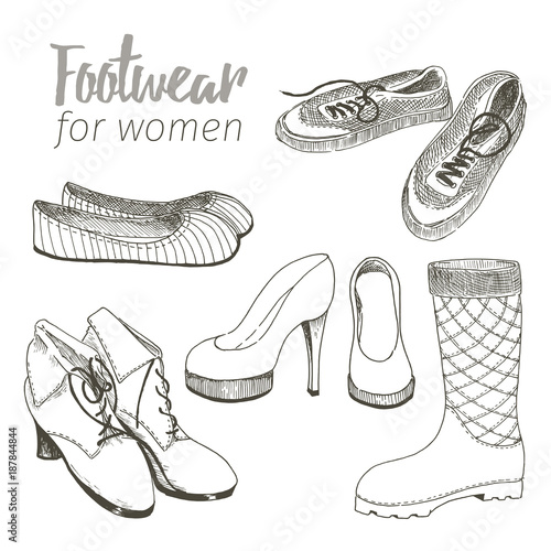 A set of footwear for women. The vector sketch on a white background