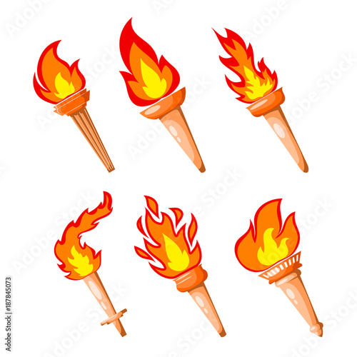 Set of torches on a white background. Vector color illustration of a collection of torches with flame Cartoon style