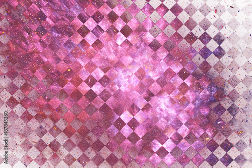 Abstract glittering geometric texture with violet  golden and pink sparkles. Fantasy checkered fractal background. Digital art. 3D rendering.