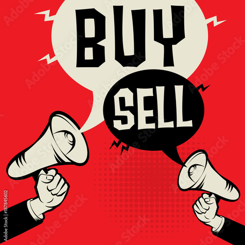 Megaphone Hand with text Buy versus Sell