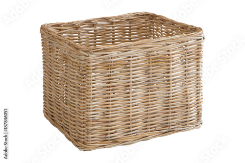 Empty rattan basket on a white background, isolated on white background