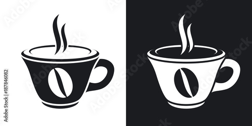Vector cup of hot coffee icon. Two-tone version on black and white background