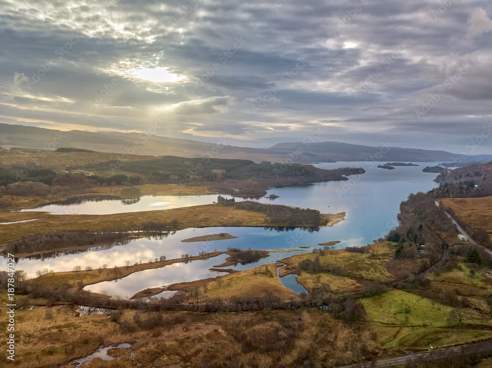 Aerial view of Loch Awe in Argyll and Bute, Scottish Highlands
