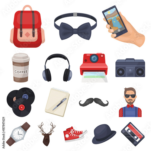 Style Hipster cartoon icons in set collection for design. Hipster Attributes and accessories vector symbol stock web illustration.