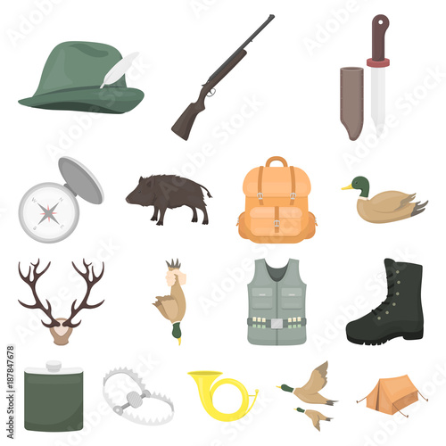Hunting and trophy cartoon icons in set collection for design. Hunting and equipment vector symbol stock web illustration.
