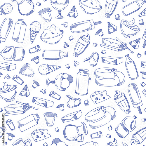 Vector monochrome hand drawn dairy products pattern