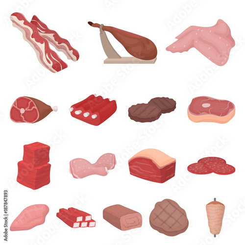 Different meat cartoon icons in set collection for design. Meat product vector symbol stock web illustration.
