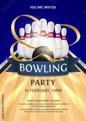 Bowling Party Flyer Template Illustration. Bright Bowling tournament poster with ribbon. 3d ball and skittles composition. Bowling backgrounds for banner, poster, flyer, label design.