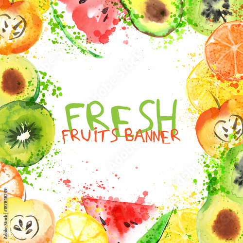 Fresh fruit watercolor banner. Watercolored apple, citruses, avocado and qiwi in one banner with splashes. Healthy lifestyle bannner with fruits and juice splash