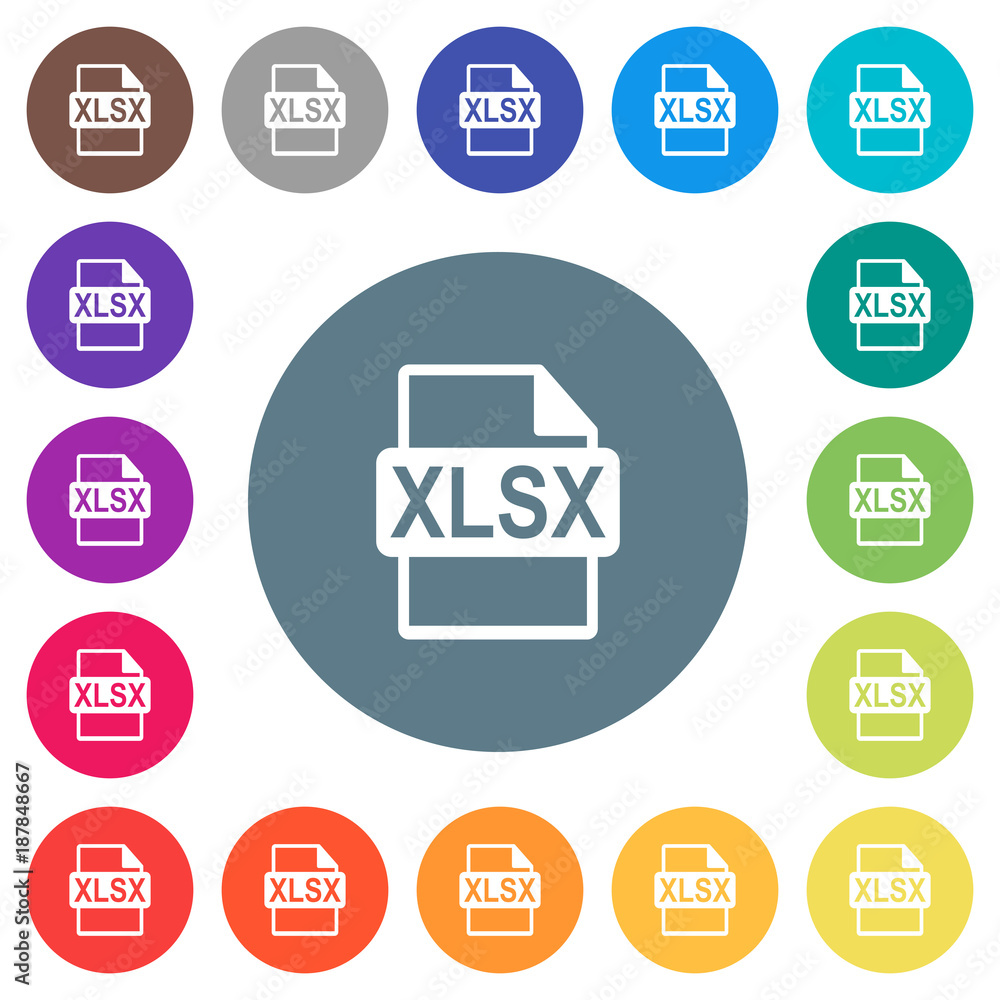 XLSX file format flat white icons on round color backgrounds XLSX file format flat white icons on round color backgrounds