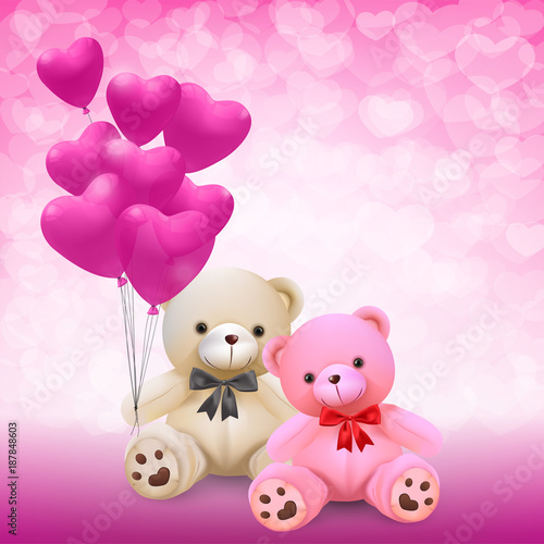 Fototapeta Naklejka Na Ścianę i Meble -  Cute couple teddy bear holding pink heart balloons on pink background - vector and illustration.