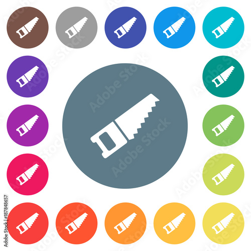 Hand saw flat white icons on round color backgrounds