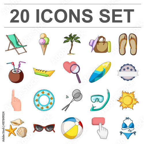 Summer rest cartoon icons in set collection for design. Beach accessory vector symbol stock web illustration.