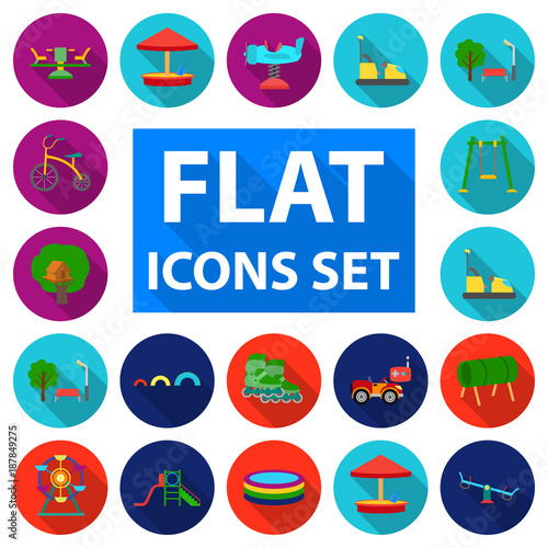 Playground, entertainment flat icons in set collection for design. Attraction and equipment vector symbol stock web illustration.