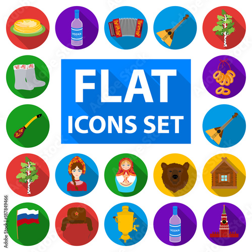 Country Russia, travel flat icons in set collection for design. Attractions and features vector symbol stock web illustration.