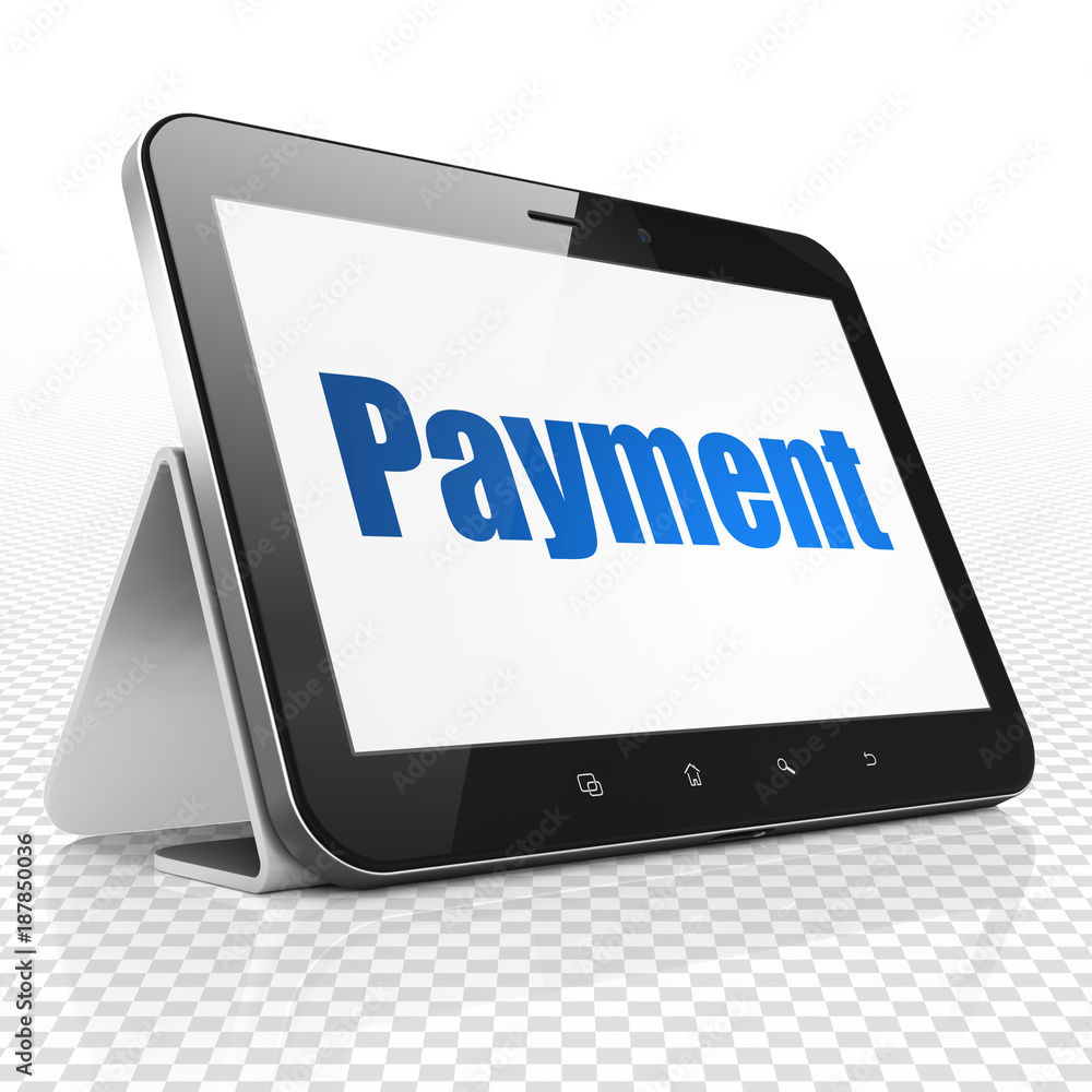 Currency concept: Tablet Computer with blue text Payment on display, 3D rendering Currency concept: Tablet Computer with blue text Payment on display, 3D rendering