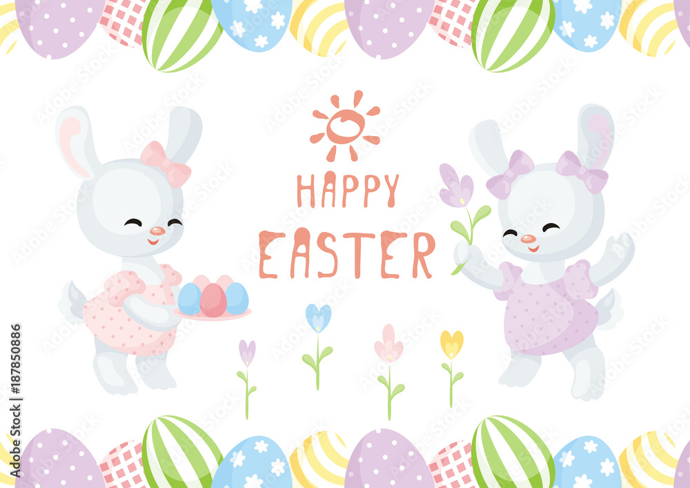 Easter greeting card with the image of lovely rabbits and painted eggs. Vector illustration. Easter greeting card with the image of lovely rabbits and painted eggs. Vector illustration.