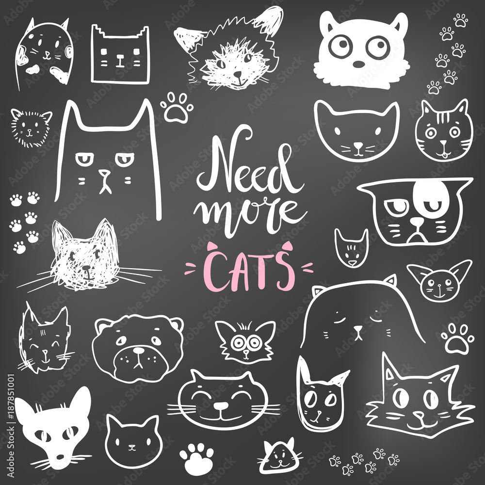 Funny doodle cat icons collection. Hand drawn pet, kid drawn des Funny doodle cat icons collection. Hand drawn pet, kid drawn des