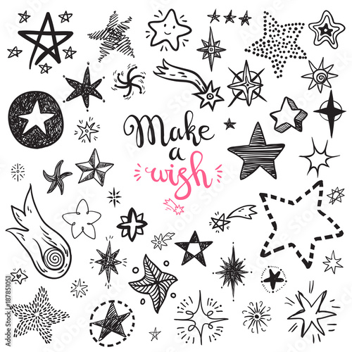 Funny doodle stars and comets icons collection. Hand kids drawn 