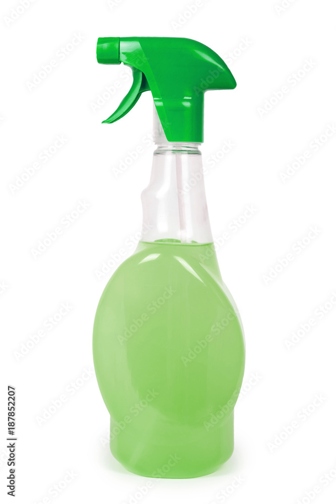 Cleaning spray bottle in hand isolated on white background. Housework and sanitary concept Cleaning spray bottle in hand isolated on white background. Housework and sanitary concept
