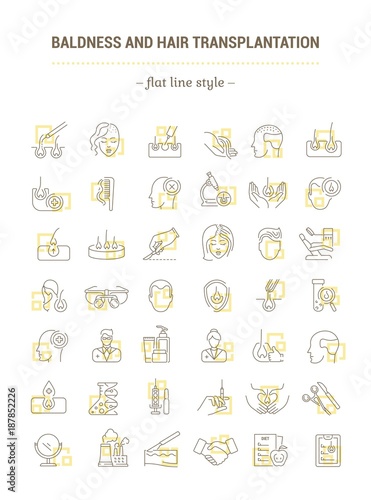 Vector graphic set. Icons in flat, contour, thin, minimal and linear design. Hair transplantation. Hairless men and women. Concept illustration for Web site. Sign, symbol, element.