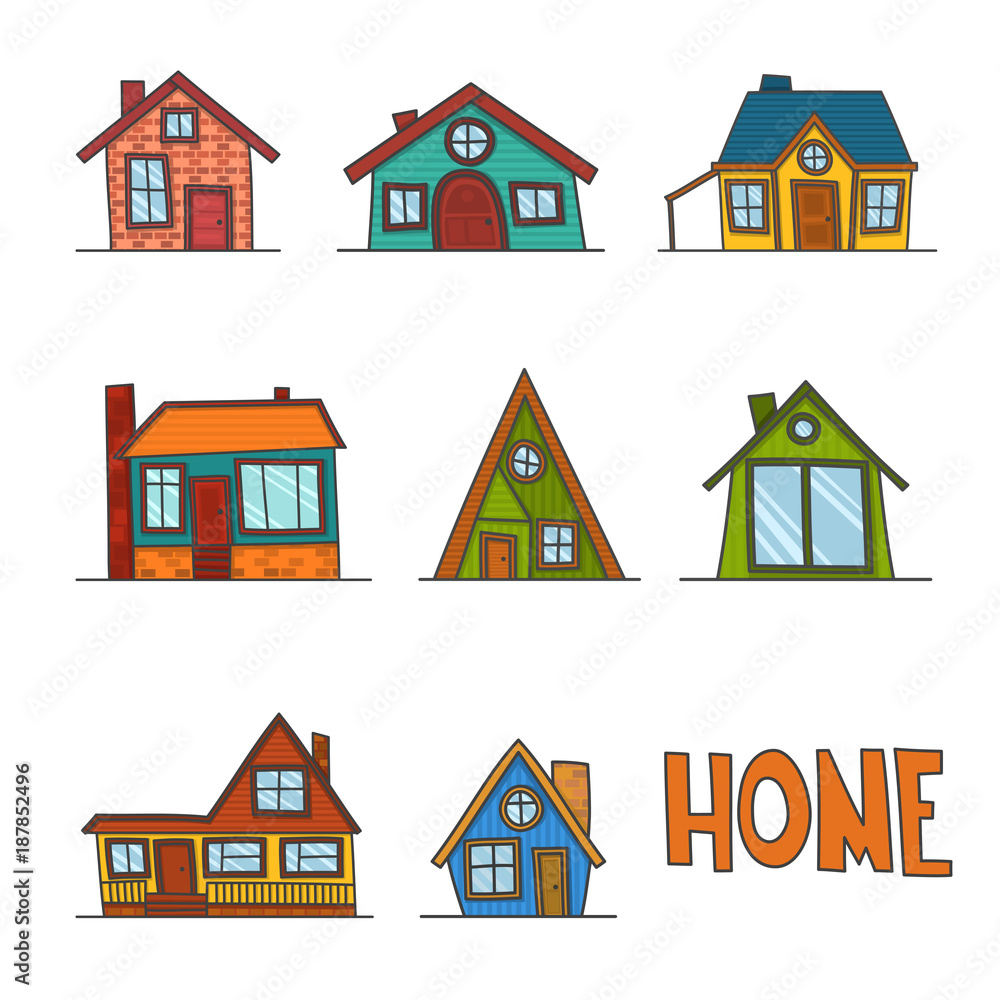 set of cartoon vintage facades, hand drawn buildings, doodle home. Isolated on white