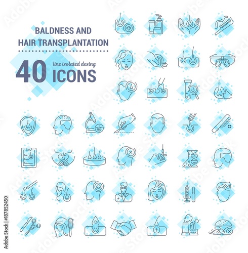 Vector graphic set. Icons in flat, contour, thin, minimal and linear design. Hair transplantation. Hairless men and women. Concept illustration for Web site. Sign, symbol, element.