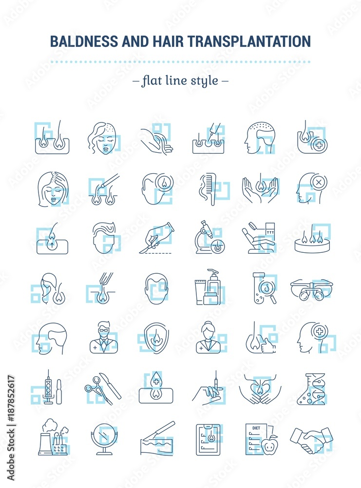 Obraz premium Vector graphic set. Icons in flat, contour, thin, minimal and linear design. Hair transplantation. Hairless men and women. Concept illustration for Web site. Sign, symbol, element.