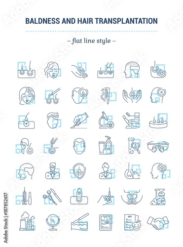 Vector graphic set. Icons in flat, contour, thin, minimal and linear design. Hair transplantation. Hairless men and women. Concept illustration for Web site. Sign, symbol, element.