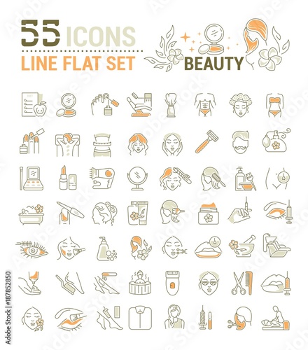 Vector graphic set. Icons in flat, contour, thin, minimal and linear design. Beauty. Attributes of beauty for men and women. Concept illustration for Web site. Sign, symbol, element.